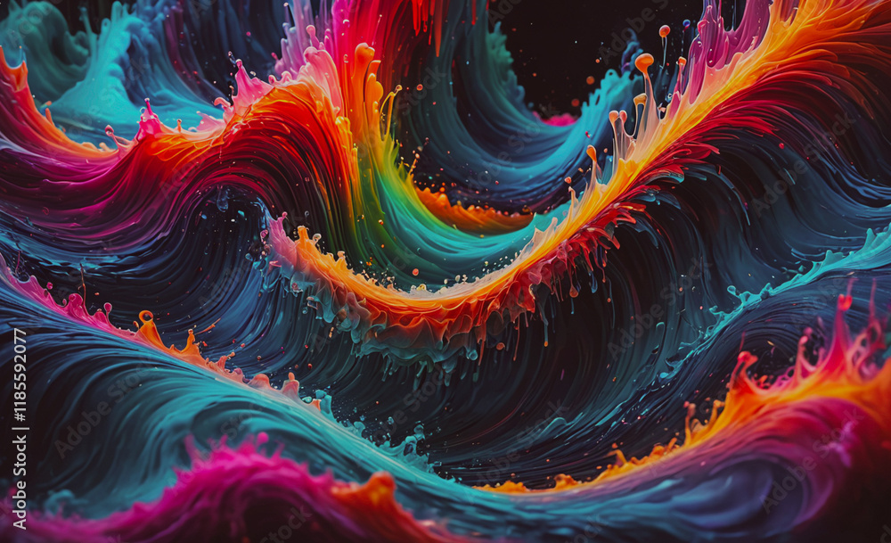 Poster Colorful wave with a splash of blue. The wave is made up of many different colors. The colors are red, blue, and green