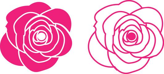 Rose flower set of blooming plant. Garden rose isolated icon of pink petal for romantic floral decoration, wedding bouquet and valentine greeting card flat and line vector collection.