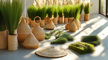 A rural artisan workshop with piles of grass and woven mats in progress.