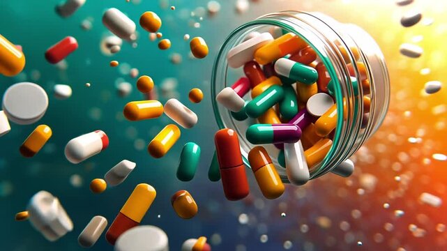 Numerous colorful capsules and tablets tumble from a glass jar against a dynamic background filled with vivid hues, showcasing the nature of pharmaceuticals.