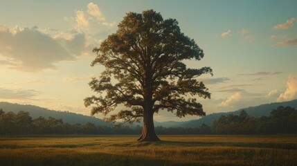 Obraz premium Majestic Oak Tree in Serene Sunset Meadow Landscape Golden Hour Nature Photography