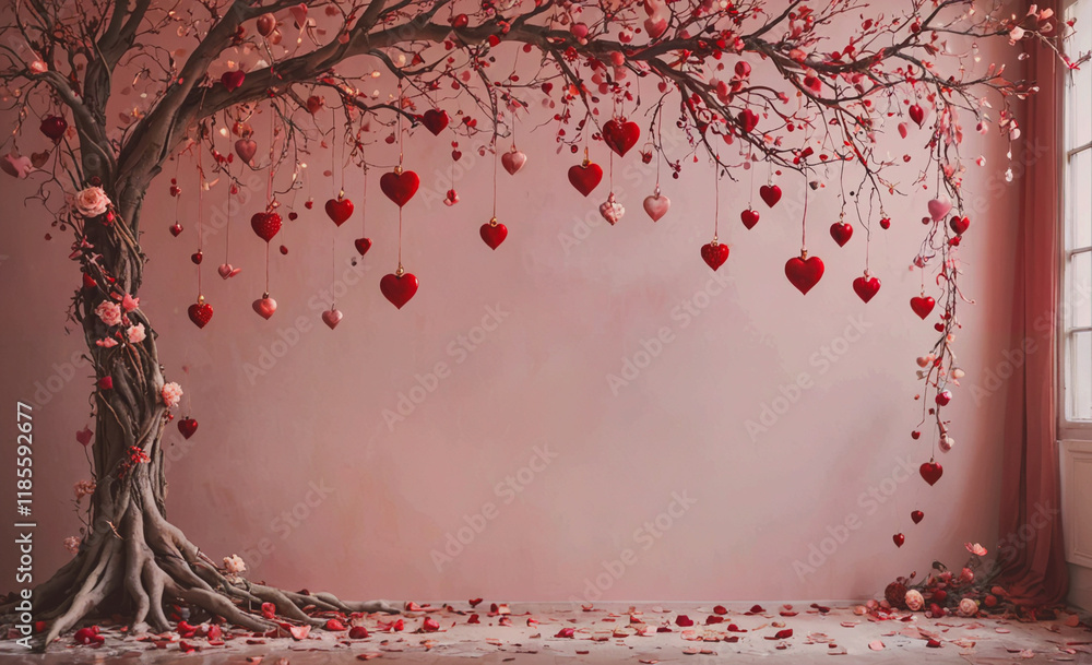Aufkleber tree with red hearts hanging from it. the tree is in front of a pink wall