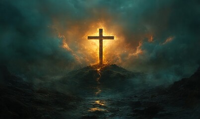 Fototapeta premium A glowing cross emerges from a dark, smoky landscape, symbolizing hope and faith amidst turmoil.