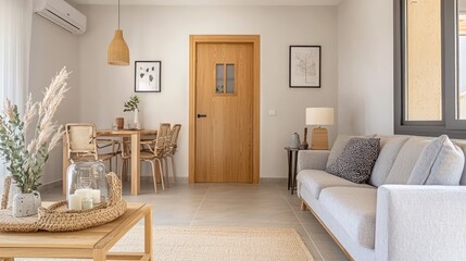 Fototapeta premium Minimalistic art studio featuring white walls, natural wood floors, and abundant light.