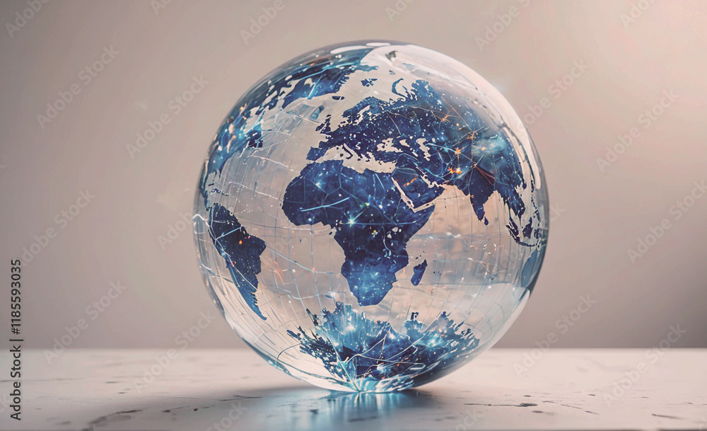 Poster Clear globe with a blue and white design. The globe is on a table. The globe is a representation of the Earth