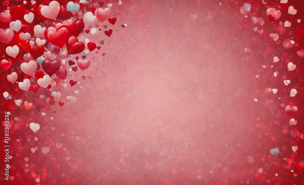 Poster red background with a bunch of hearts. the hearts are scattered all over the background