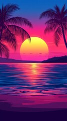 Fototapeta premium Vibrant Sunset over Tropical Beach with Silhouetted Palm Trees