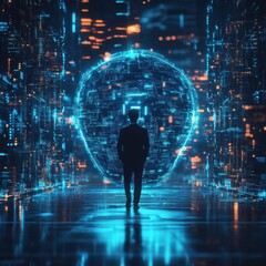 Futuristic digital landscape with silhouette.