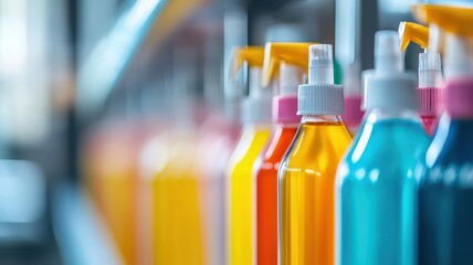Close-up image of food-grade cleaning solutions on shelf. Food safety conceptual image.