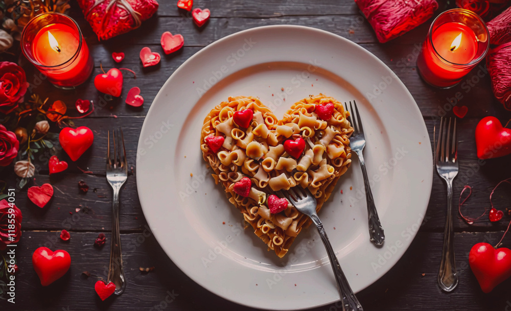 Poster Plate of food with a heart shape on it. The plate is on a table with a candle in the background