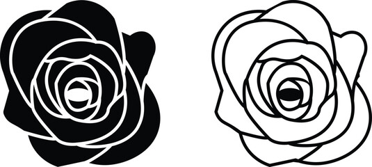 Rose flower set of blooming plant. Garden rose isolated icon of black petal for romantic floral decoration, wedding bouquet and valentine greeting card flat and line vector collection.
