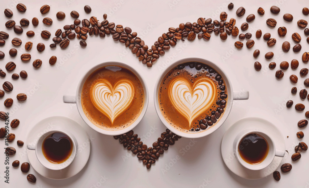 Poster two cups of coffee with heart shapes on top of them. the coffee is brown and there are coffee beans 