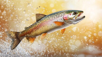 A vibrant illustration of a rainbow trout leaping out of water, showcasing its colorful scales and dynamic movement amid splashes.