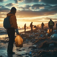 People cleaning a polluted beach at sunset.