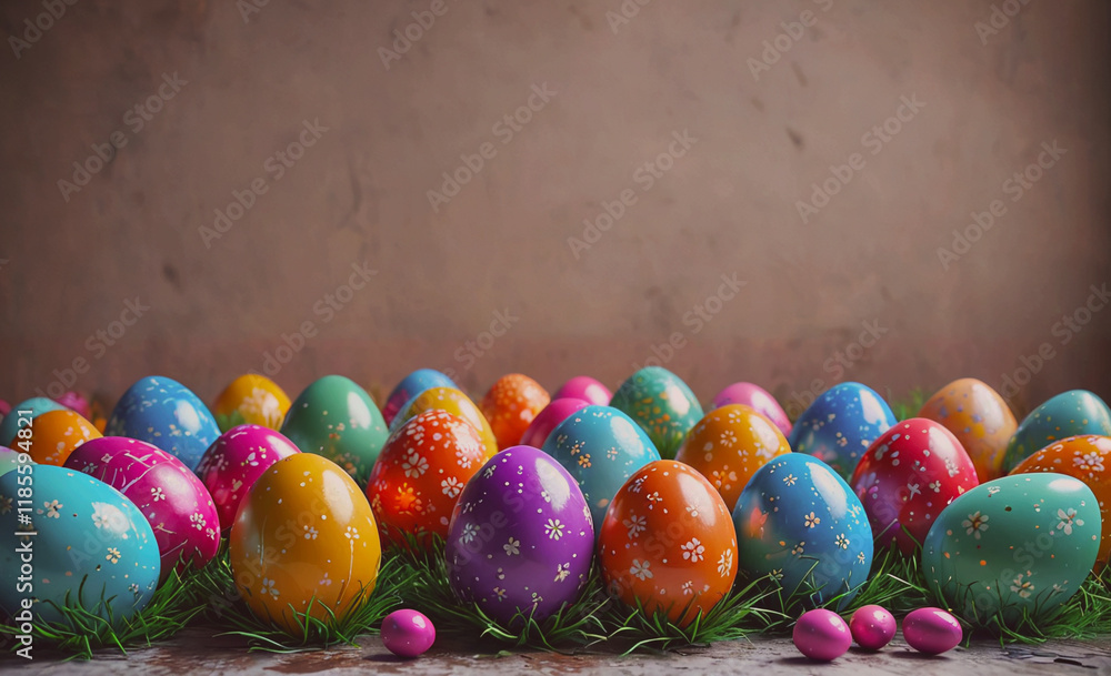 Poster bunch of colorful eggs are on a grassy surface. there are many different colors, including blue, gre
