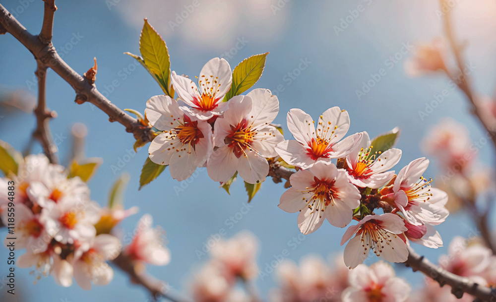 Poster Branch with white flowers on it. The flowers are in full bloom. The branch is on a tree