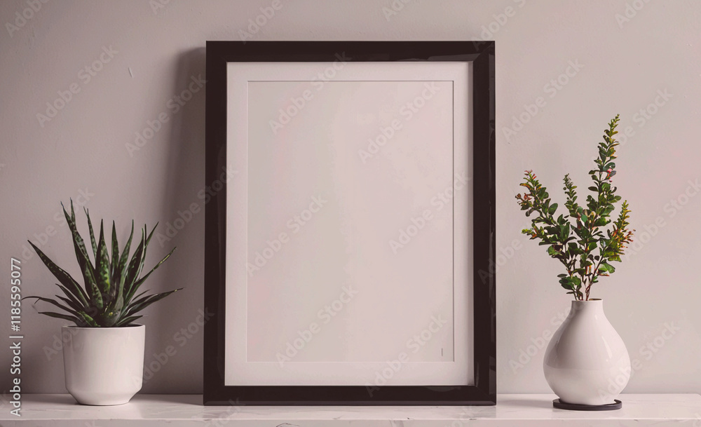 Poster black framed picture sits on a shelf next to two white vases. the picture is empty
