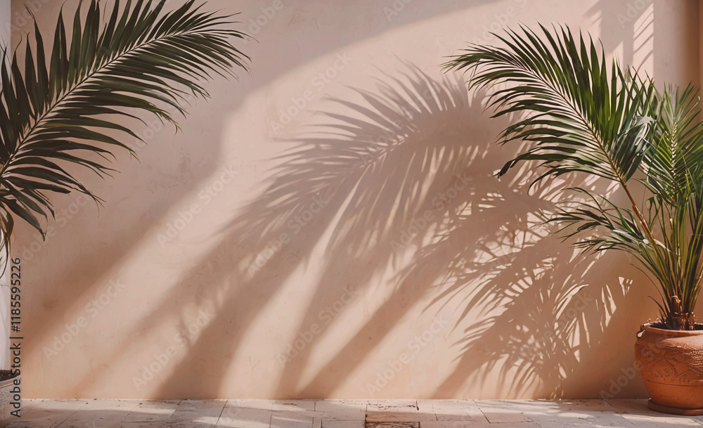 Aufkleber wall with a plant in a pot and a palm tree. the palm tree is casting a shadow on the wall