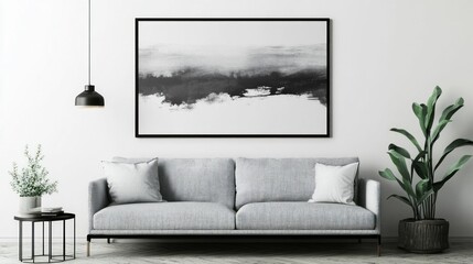 Modern living room interior with gray sofa, abstract art, and plants.