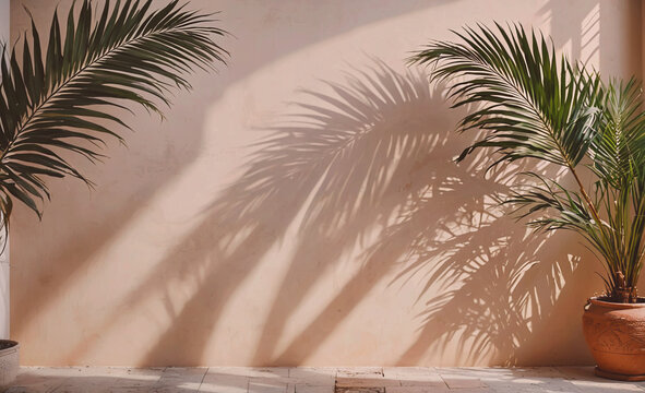 Wall with a plant in a pot and a palm tree. The palm tree is casting a shadow on the wall