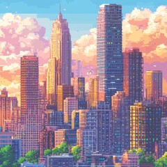 Obraz premium Vibrant skyline at sunset with towering buildings.