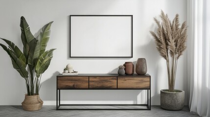 Modern minimalist interior with blank frame, wooden console table, potted plants, and vases.