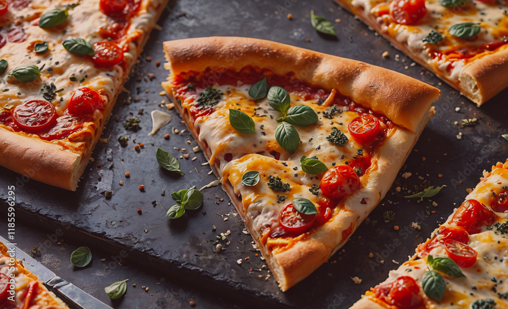 Poster Slice of pizza with tomatoes and basil on top. The slice is cut in half. There are other slices of pizza on the table