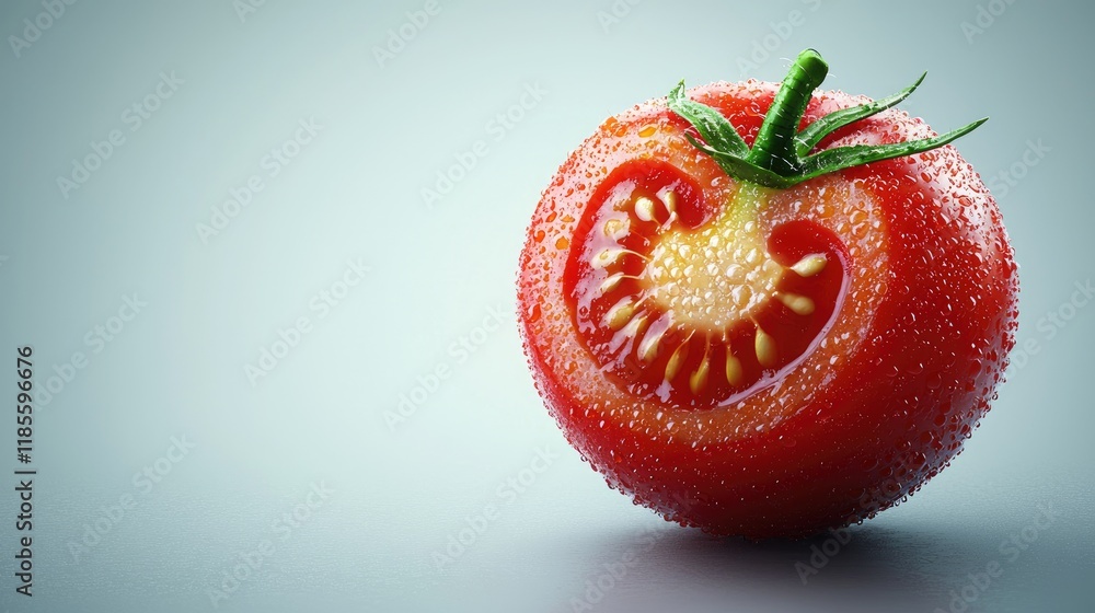Poster close-up of a vibrant red tomato with detailed texture and subtle particle effects