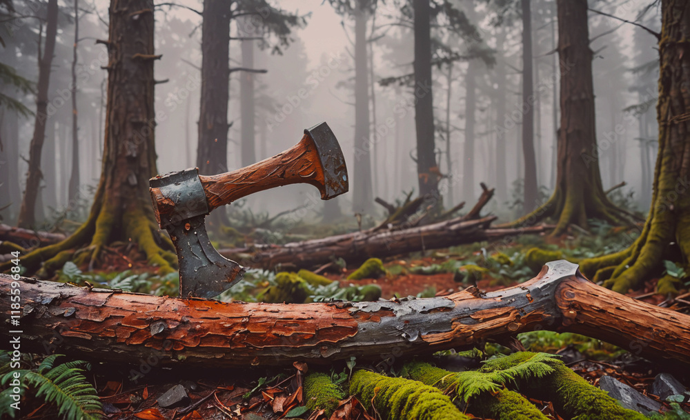 Fototapete large axe is laying on a log in the woods. the log is covered in moss and has fallen branches on it
