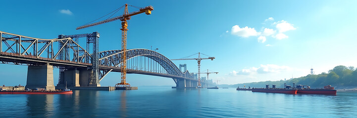 Obraz premium A bridge under construction over a wide river, with cranes lifting sections of the structure, workers balancing on scaffolding, and barges carrying materials below, set against a bright sunny day.