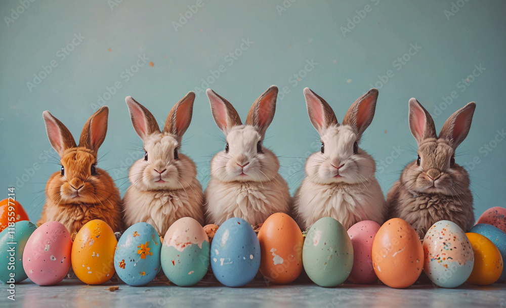 Poster Five rabbits are standing in a row in front of a bunch of eggs. The eggs are in different colors, including blue, green, and yellow