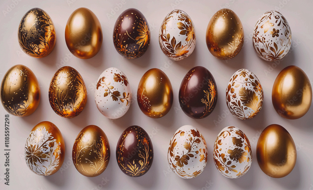 Poster row of gold and white eggs with designs on them. some are brown and some are white