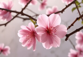 Obraz premium A delicate pink flower unfolding its petals on a slender branch in the soft morning light, soft, stem