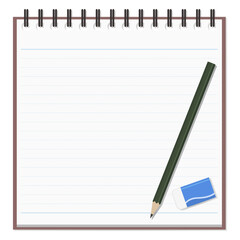 シンプルなメモ帳と鉛筆、消しゴムのセット、リングノート