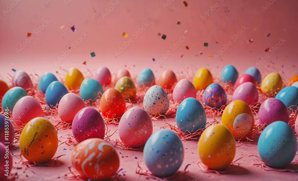 Aufkleber Bunch of colorful eggs are scattered on a pink background. There are at least 15 eggs in the image