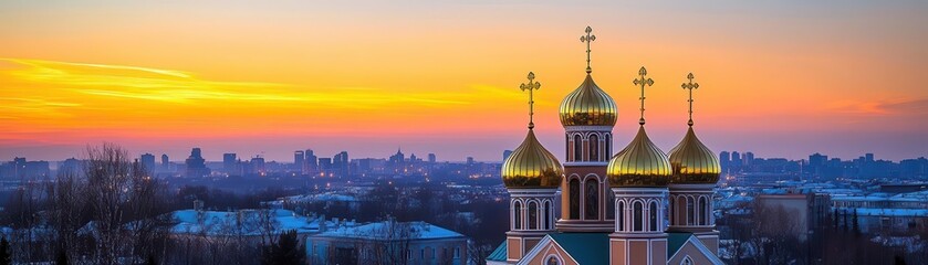 Obraz premium Golden domes of an Orthodox church gleaming under a twilight sky, symbolizing spiritual and architectural beauty