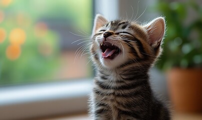 Obraz premium A playful kitten with a wide-open mouth, expressing joy or curiosity in a cozy indoor setting.
