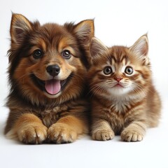 Obraz premium A fluffy puppy and a cute kitten sit side by side, showcasing their adorable features and playful expressions.
