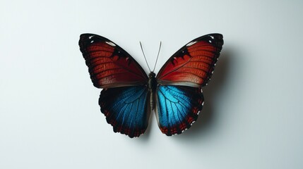 Vibrant butterfly perched on a plain surface showcasing intricate wing patterns and colors