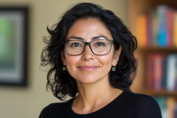 Portrait of a confident woman with glasses, smiling and looking directly at the camera. The background features bookshelves, suggesting a library or academic setting with warm and inviting tones.