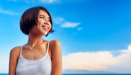 Naklejka premium A healthy portrait of a Southeast Asian woman smiling under the blue sky.