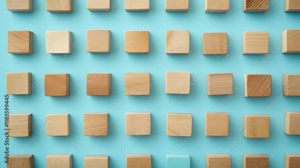 Poster wooden blocks arranged in a grid pattern on a blue background