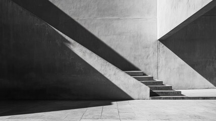 Monochrome photo of modern concrete stairs and shadows.