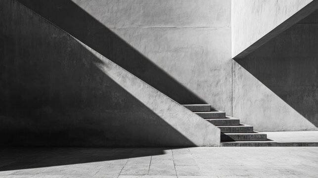Monochrome photo of modern concrete stairs and shadows.