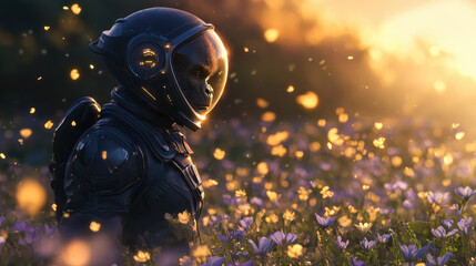 A stylized gorilla in a futuristic space suit standing in an open cosmic meadow, surrounded by glowing alien flowers resembling daisies and violets, ethereal sunlight streaming through a distant nebul