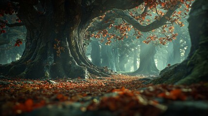Enchanting Autumn Forest Scene Majestic Trees Fallen Leaves Mystical Light