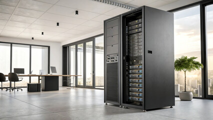 Modern server rack in sleek office environment with large windows