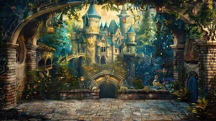 A whimsical painting of an enchanted castle, with a mockup at the center of the wall. full ultra hd, high resolution