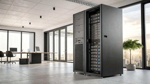 Modern server rack in sleek office environment with large windows