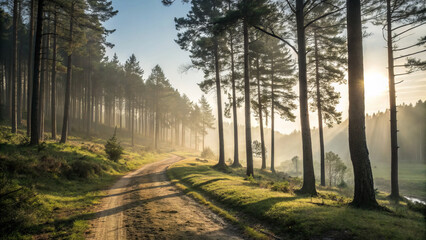 Obraz premium serene forest path surrounded by tall trees and morning mist